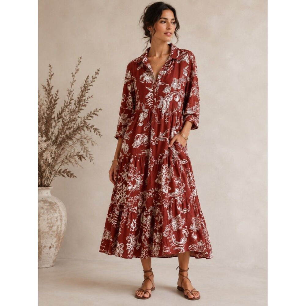 Violet Skies 100% Cotton Shirt Dress Size Large Rolled Tab Sleeve Floral Midi